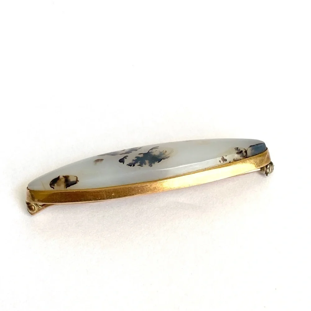 14K Gold Agate Brooch Montana‎ Moss Antique Vintage Art Deco 40s 50s Stone Pin